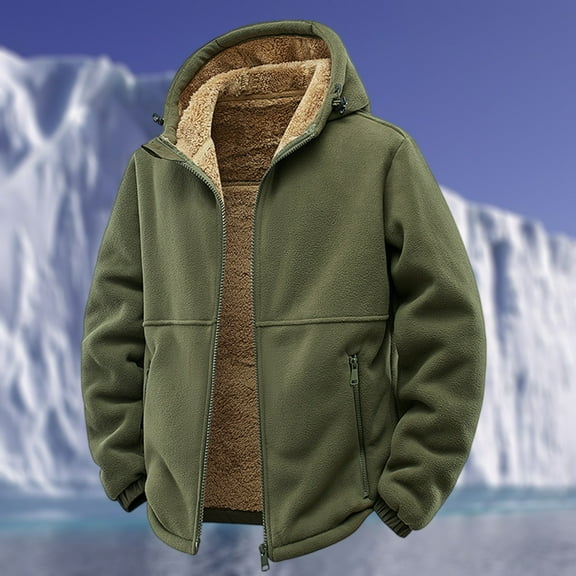 GrmtClth Winter Jackets for Men Sherpa Lined Zip Up Hoodie Fuzzy Drawstring Hooded Jackets Coat Loose Fit Warm Sweatshirt with Zipper Pocket Army Green XXXL