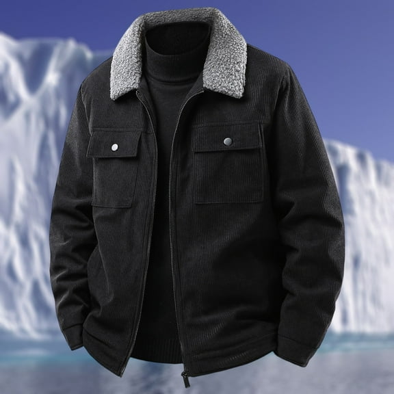 GrmtClth Winter Jackets for Men Vintage Fleece Sherpa Lined Corduroy Jacket Midweight Turn-Down Collar Full Zip Thick Thermal Trucker Jacket Black XXL