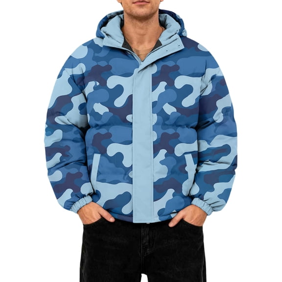 GrmtClth Winter Jackets for Men Thick Thermal Camo Full Zip Puffer Jackets Cozy Soft Hooded Casual Long Sleeve Bubble Coat Royal Blue 2XL