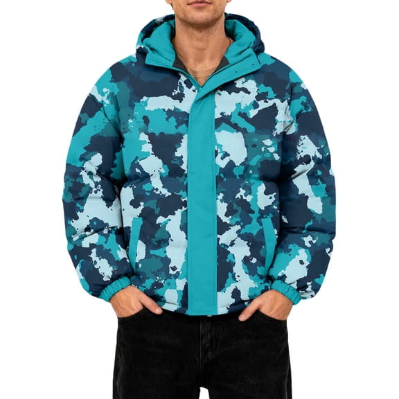 GrmtClth Winter Jackets for Men Thick Thermal Camo Full Zip Puffer Jackets Soft Comfy Hooded Casual Long Sleeve Bubble Coat Turquoise 4XL