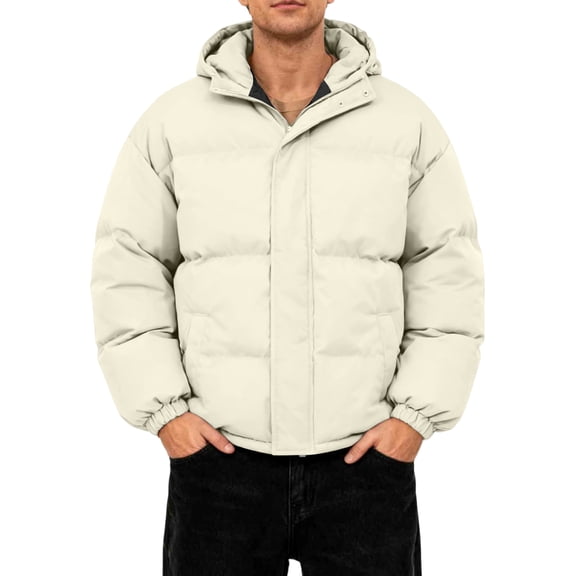 GrmtClth Winter Jackets for Men Thick Thermal Zip Up Puffer Jackets Comfy Soft Hooded Casual Long Sleeve Bubble Coat Beige 2XL