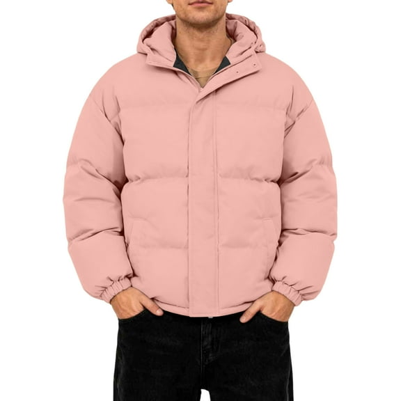 GrmtClth Winter Jackets for Men Thick Thermal Zip Up Puffer Jackets Loose Fit Hooded Classic Long Sleeve Quilted Jackets Light pink 2XL