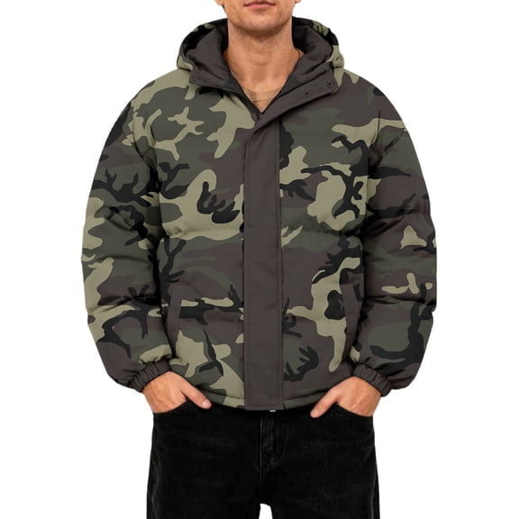 GrmtClth Winter Jackets for Men Thick Warm Camo Full Zip Puffer Jackets Comfort Soft Hooded Hombre Long Sleeve Quilted Jackets Army Green XL