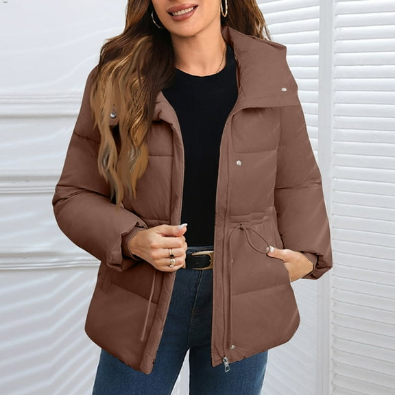 GrmtClth Winter Jackets for Women Casual Thermal Warm Full Zip Bubble Coat with Hood Comfy Soft Long Sleeve Fall Winter Outerwear Coffee M