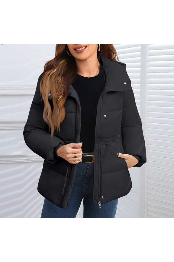 Winter Jackets for Women Classic Thicken Warm Full Zip Bubble Coat Hooded Soft Comfy Long Sleeve Autumn Winter Outerwear Black M