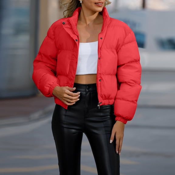 GrmtClth Winter Jackets for Women Thick Insulated Zip Up Cropped Jackets Trendy Soft Comfy Stand Collar Long Sleeve Bubble Coat Red M