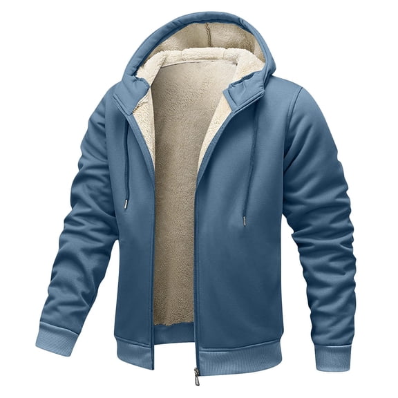 GrmtClth Winter Mens Jacket Fleece Lined Full-Zip Outwear Casual Drawstring Hooded Jackets Coat Loose Fit Warm Sweatshirt Light Blue XXL