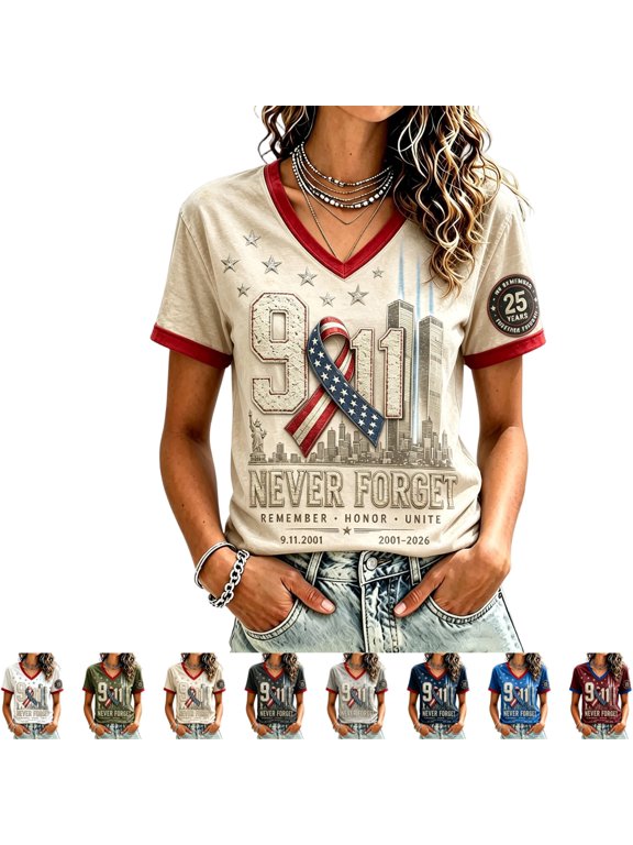 Women 911 Shirts Twin Tower Memorial Graphic Tee Never Forget September 11 Red White Trim Sleeve Design Lightweight Casual Round Neck Tops