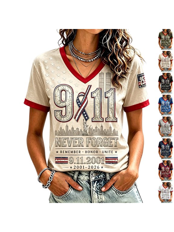 Women 911 Shirts Twin Tower Memorial Graphic Tee Never Forget September 11 Red White Trim Sleeve Design Lightweight Casual Round Neck Tops