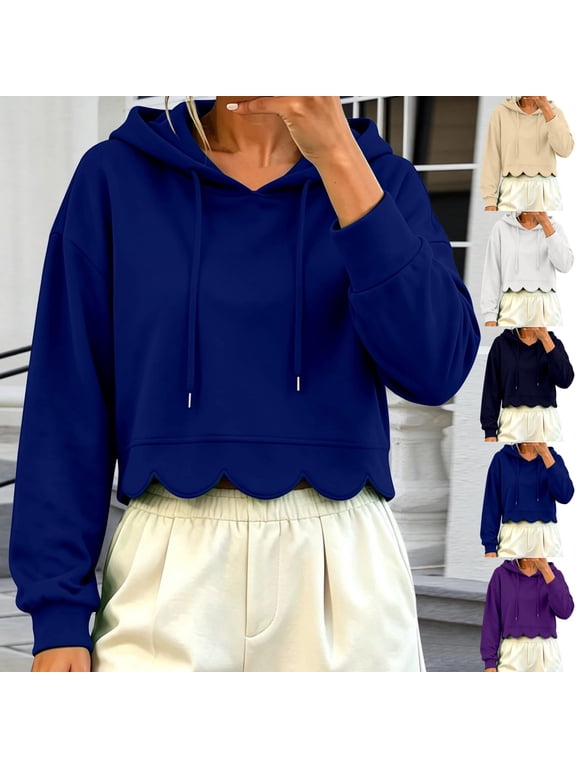 Women Crop Hoodie Scallop Hem Long Sleeve Drawstring Casual Hood Sweatshirt Pullover Fall Drawstring Hooded Tops S