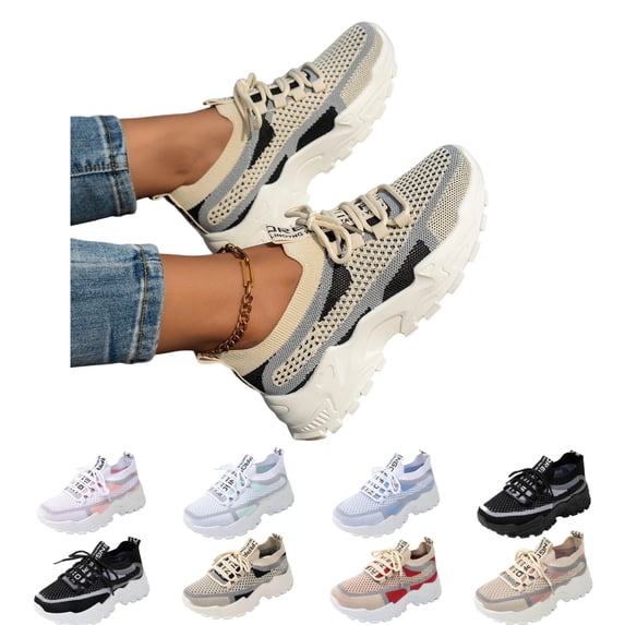 IEMIEMIEM Women's Knit Sneakers Mesh Lace-Up Chunky Sole Fashion Slip on Breathable Lightweight Running Shoes for Sports Walking Gym Work 5.5 wide