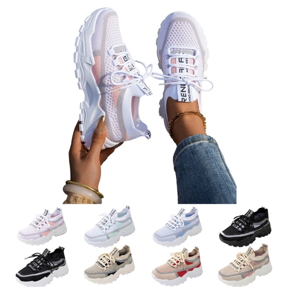 IEMIEMIEM Women's Knit Sneakers Mesh Lace-Up Chunky Sole Fashion Slip on Breathable Lightweight Running Shoes for Sports Walking Gym Work 5.5 wide