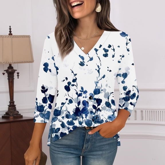 GrmtClth Womens 3/4 Length Sleeve Tops Side Slit Fashion Printed Tee Shirts Loose Fit V Neck Casual Basic Tunic Top Blue XL