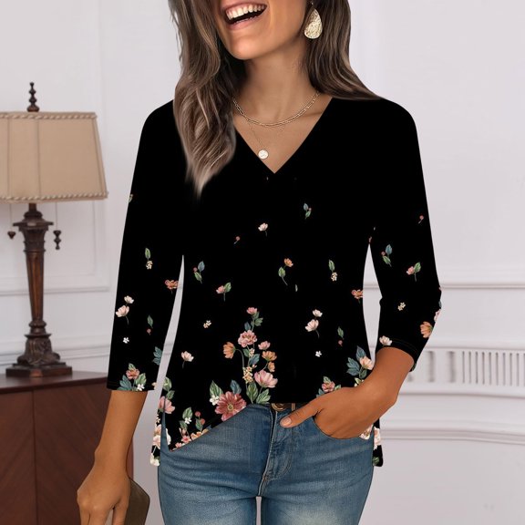 GrmtClth Womens 3/4 Length Sleeve Tops Slit Hem Fashion Graphic T-Shirt Comfy Soft V Neck Dressy Casual Tunics Wear Black M