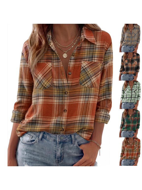 Womens Button Down Shirts Long Sleeve Plaid Shackets Business Casual Blouse Fall Tops Lightweight winter western clothes L