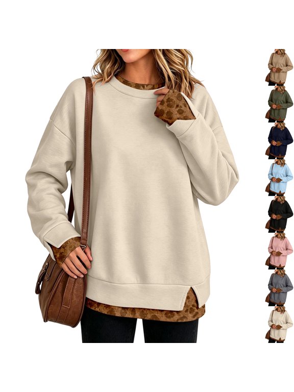 Womens Crewneck Sweatshirt Pullover Long Sleeve Leopard Fall Sweatshirts No Hood Sweatshirts Cuffed Layered Soft Fabric Fall Warm Shirt M