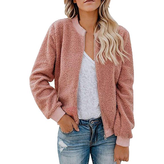 GrmtClth Womens Fleece Jacket Fashion Full Zip Fleece Sherpa Bomber Jacket Soft Comfy Long Sleeve Warm Fall Winter Coats Pink XXL