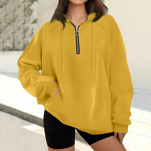 GrmtClth Womens Hoodies Oversized Quarter Zip Sweatshirt Classic Long Sleeve Pullover Fall Winter Trendy Drawstring Hooded Outerwear with Kangaroo Pockets Yellow M