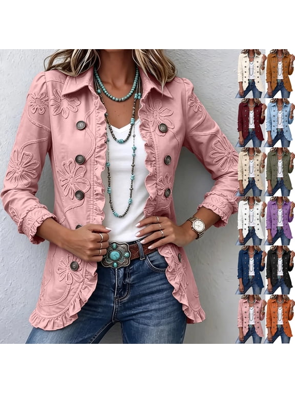 Womens Jacket Ruffle Denim Button Down Long Sleeve Casual Jean Coat Lapel Collared Double Breasted Vintage Print Tops Travel Vacation Fall Coats S
