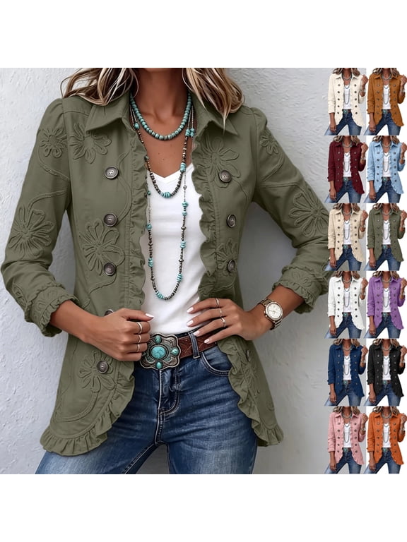 Womens Jacket Ruffle Denim Button Down Long Sleeve Casual Jean Coat Lapel Collared Double Breasted Vintage Print Tops Travel Vacation Fall Coats XL
