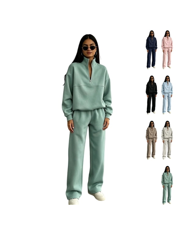 Womens Oversized Half Zip Matching Sweatsuit Baggy Tops Wide Leg Pants Outdoor Walking Casual Two Piece Suit