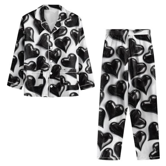 GrmtClth Womens Pajama Sets Causal Long Sleeve and Pant Loungewear Hearts Print Soft Comfy Button Down Pjs Set Black S
