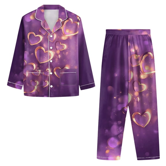 GrmtClth Womens Pajama Sets Silky Long Sleeve and Pant Sleepwear Hearts Print Cozy Soft Button Down Pjs Set Purple XXL