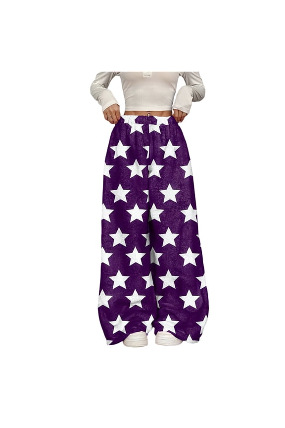 Womens Plush Wide Leg Pants Cozy Lounge Comfy Long Pants with Star Pattern Casual Fuzzy Warm Elastic Waist Bottoms Dark Purple XXL