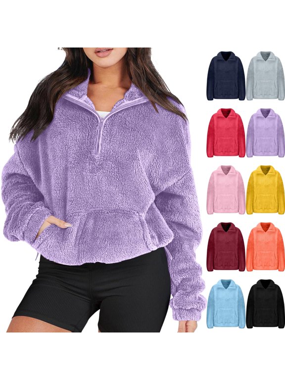 Womens Quarter Zip Pullover Sweaters Fuzzy Fleece Sweatshirt Faux Shearling Warm Zip Up Hoodies Outwear with Pockets Fall Winter Outwear M