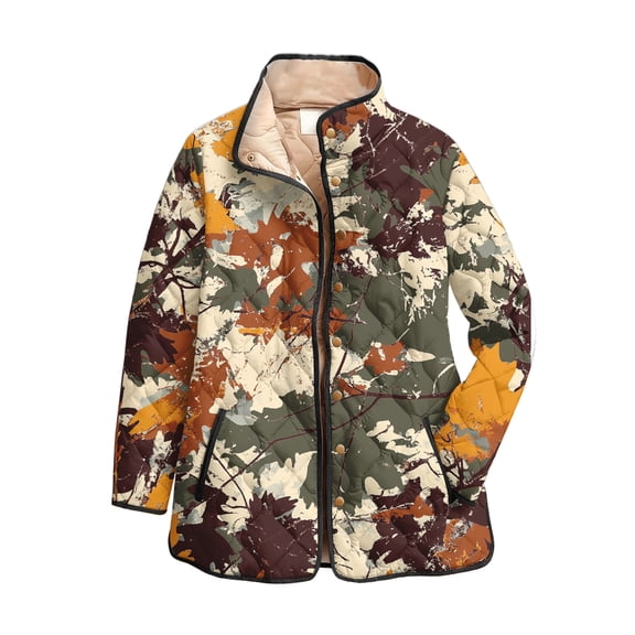 GrmtClth Womens Quilted Jacket Fashion Floral Printed Button Up Puffer Jackets Coat Comfy Soft Stand Collar Autumn Winter Padded Outerwear Khaki XS
