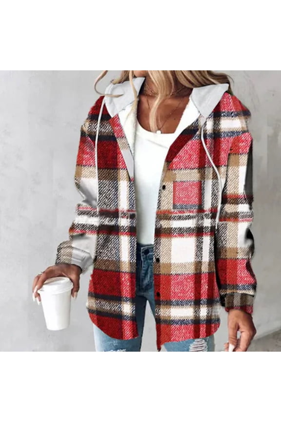 Womens Shacket Fashion Micro Fleece Button Up Plaid Shacket Comfy Soft Long Sleeve Hooded Outerwear Vermilion XL