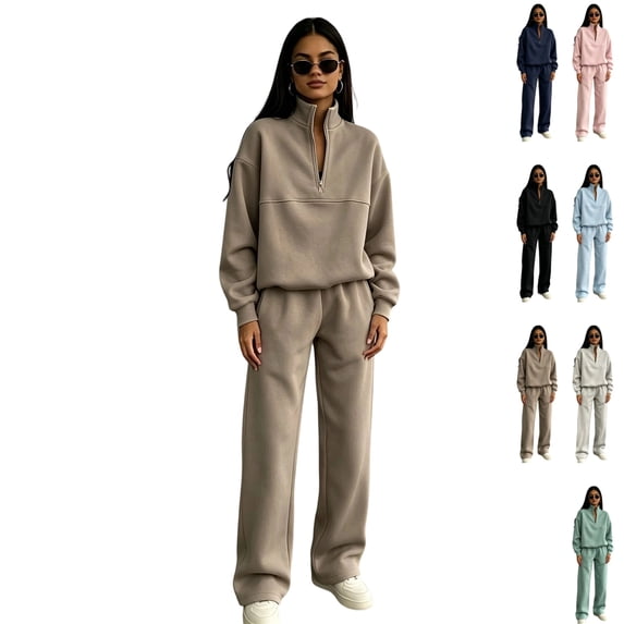 GrmtClth Womens Two Piece Tracksuit Half Zip Long Sleeve Tops Elastic Waist Wide Leg Trousers Soft Home‑Wear Loungewear