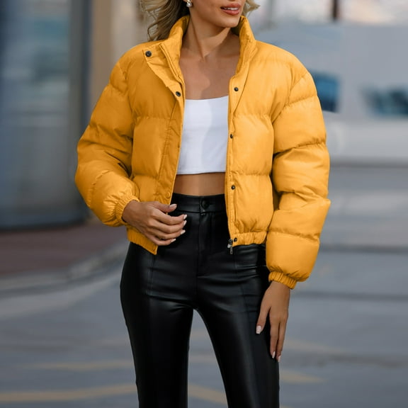 GrmtClth Womens Winter Jacket Thick Insulated Full Zip Cropped Jackets Casual Comfy Soft Stand Collar Long Sleeve Bubble Coat Yellow M