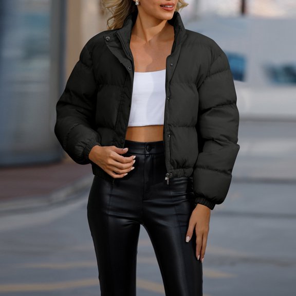 GrmtClth Womens Winter Jacket Thick Insulated Zip Up Cropped Jackets Comfy Soft Mock Neck Long Sleeve Bubble Coat Black M