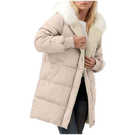 GrmtClth Womens Winter Jacket Thicken Warm Fleece Lined Parka Outerwear with Faux Fur Hood Comfort Soft Trendy Zipper Long Padded Jacket Beige XXL