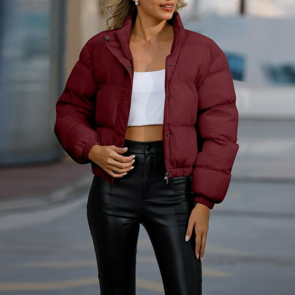 GrmtClth Womens Winter Jacket Thicken Warm Full Zip Cropped Coat Comfort Soft Stand Collar Long Sleeve Bubble Coat Wine M