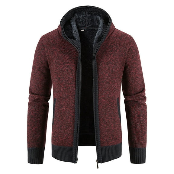 GrmtClth Zip Up Hoodie Men Slim Fit Long Sleeve Fleece Lined Knit Cardigan Sweater 2025 Winter Warm Hooded Jackets Coat with Pockets Wine L