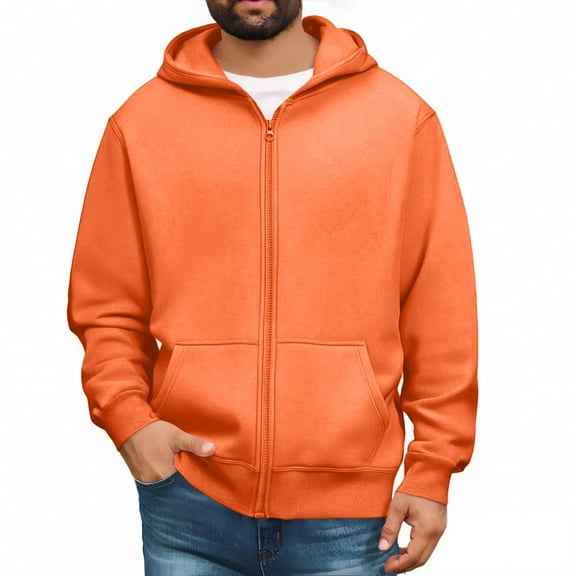 GrmtClth Zip Up Hoodie for Men Loose Fit Hooded Sweatshirt 2025 Winter Fashion Long Sleeve Pullover Lightweight Outerwear with Pockets Orange L