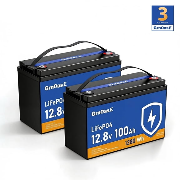 GrnOas.E 12V 100Ah LiFePO4 Lithium Battery Group 31 (2-Pack) with Low-Temp Cut Off, 100A BMS for 24V Solar, RV, Marine Systems