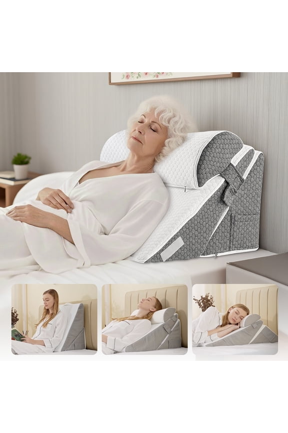 Wedge Pillow for Sleeping,Orthopedic Adjustable Memory Foam Bed Wedge Pillows Set for Acid Reflux,Leg Back Pain Relief & Reading Rest,Headboard with Neck Support & Gray Removable Pillowcase