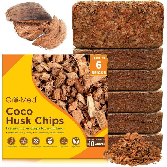 Gro-Med Coconut Coir Husk Chips Brick, Coco Mulch Orchid Potting Soil Mix Substrate, 6 Pack, 500g Each