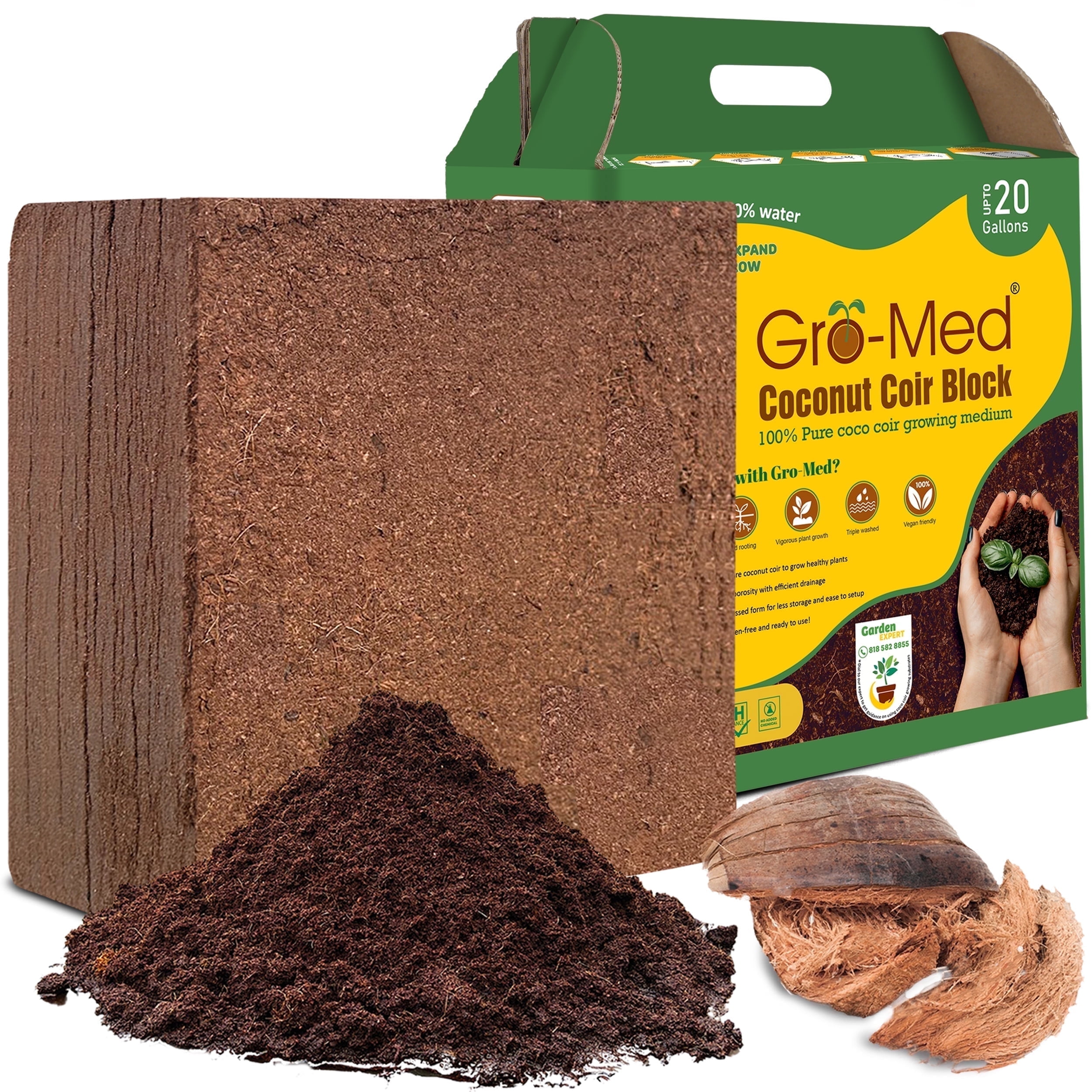 Gro-Med Coconut Coir Brick 10lb, 80 Quarts Potting Soil for