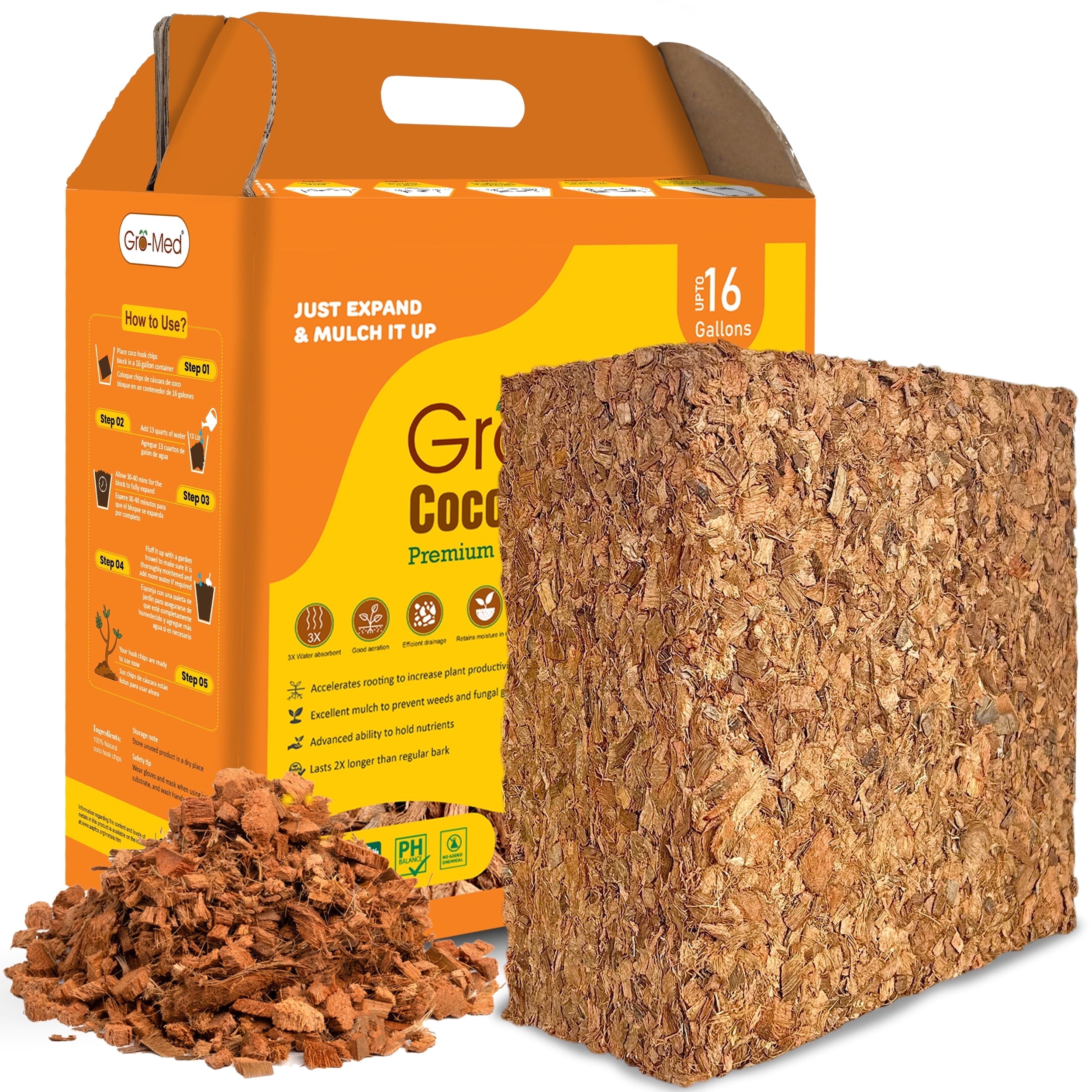 Gro-Med Coconut Coir Husk Chips Block, 10lb - Raised Garden Bed Mulching Substrate with Coco Orchid Potting Mix, 16 Gal - Expands to 2.5 cu ft