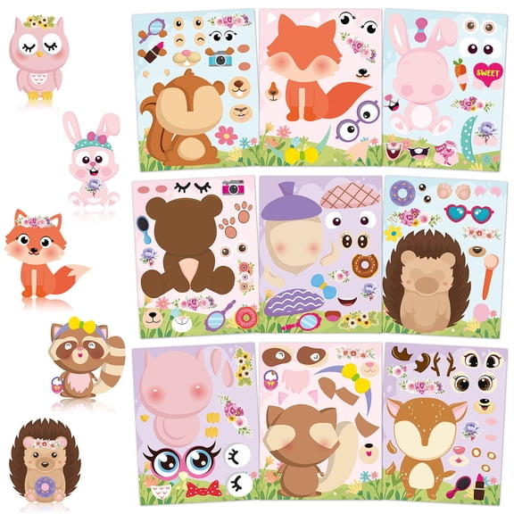 Grobro7 Animal Face Stickers for Kids, 45Pcs Make-a-Face Waterproof Animal Stickers for Walls Books Greeting Cards Decor, 9 Styles