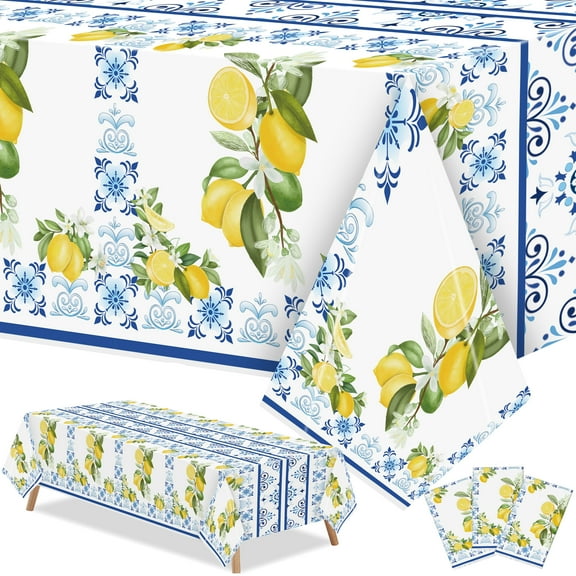 GROBRO7 Lemon Plastic Tablecloth Party Decoration Set, Waterproof Disposable Table Cover, 3 Pcs
