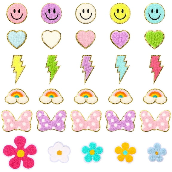 Grobro7 Chenille Stickers for Girls, Colorful Heart Smiley Face Lightning Rainbow Bow Flower Chenille Patches for Jackets Jeans Hats Decor, 30 Pieces