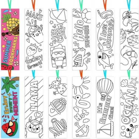 Grobro7 DIY Coloring Bookmarks for Summer Theme, Black & White Line Drawings, Color Your Own Bookmarks, 5.513.540.59 Inch
