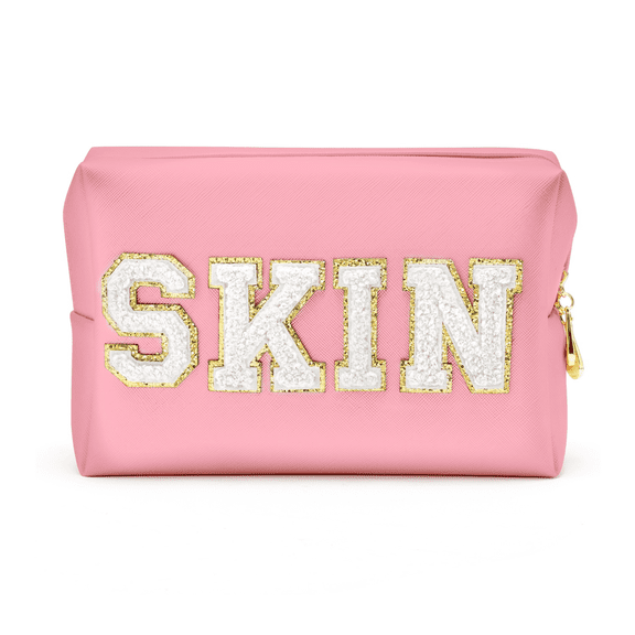 GROBRO7 Waterproof PU Leather Cosmetic Makeup Bag with Zipper, Letter Patch, Pink 1 Count