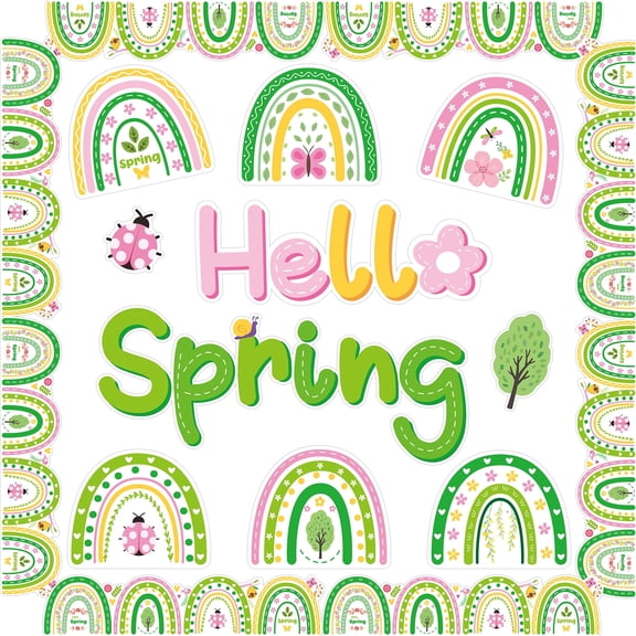 Grobro7 Spring Rainbow Border for Classrooms Decoration Supplies, Hello Spring Letter Rainbow Decor Strip Kit for Blackboards, 80 Pieces