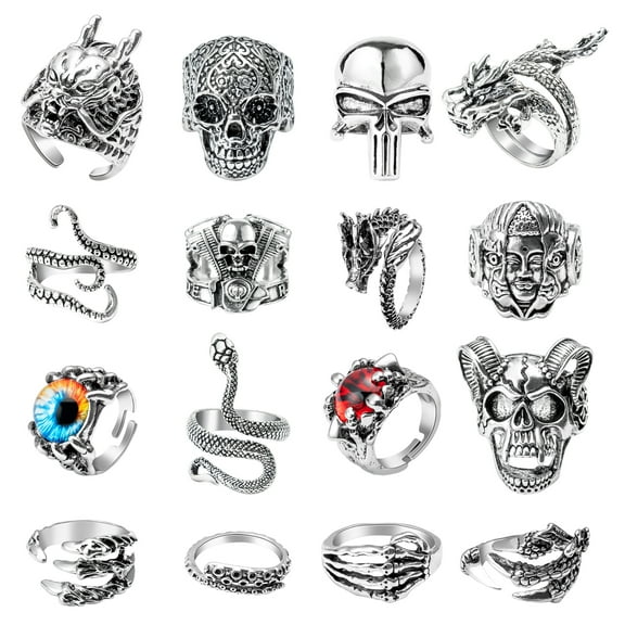 Grobro7 Vintage Punk Ring Set Cool Alloy Jewellery for Men & Women, Skull Snake Dragon Ring for Party Favors Gifts, 16 Pieces